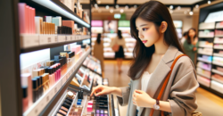 韓国コスメショップで買い物をする女性
