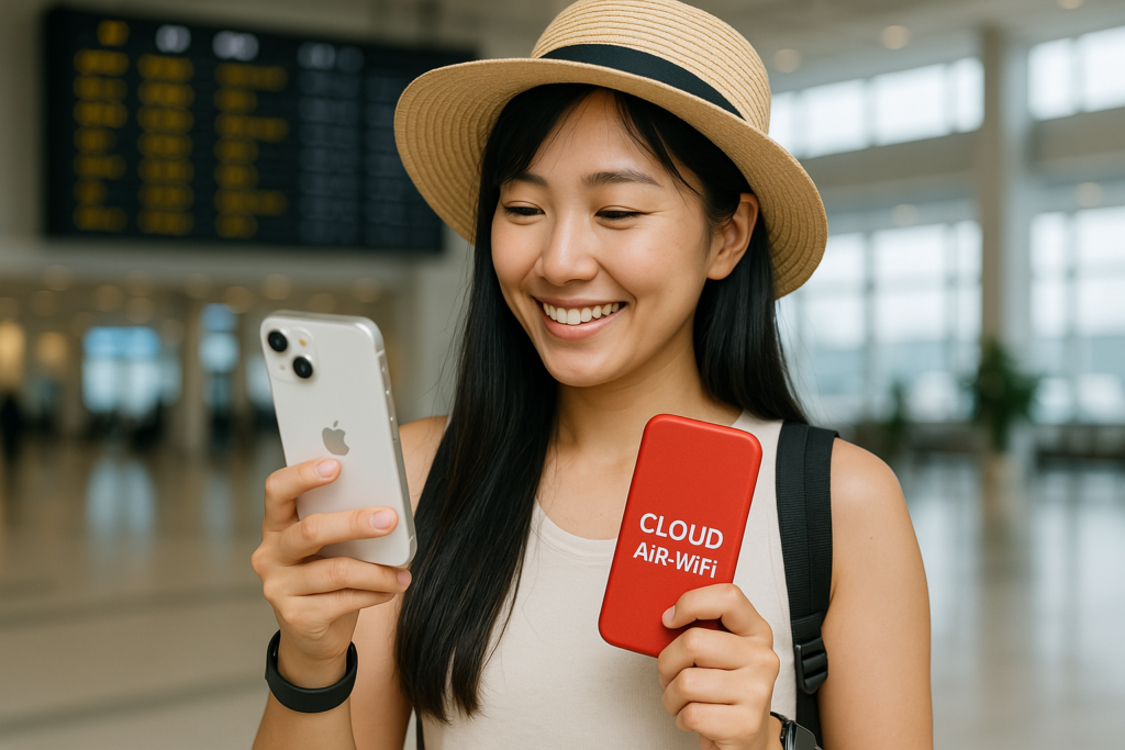 空港内でポケットWi-Fiとスマホのネット接続設定を確認している女性