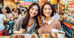 韓国の市場で食べ歩きをする女性
