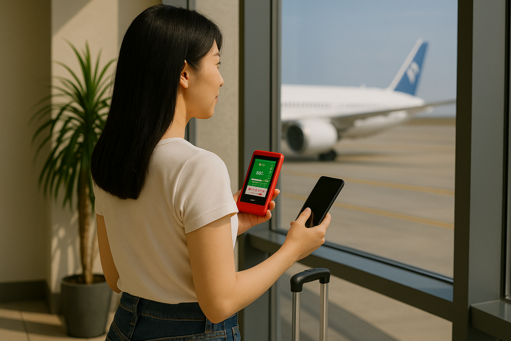 空港でスマホのネット接続のためにポケットWi-Fiを受け取って出国しようとしている女性